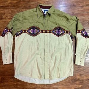 VINTAGE WRANGLER WESTERN BUTTON UP SHIRT XXL MENS PEARL SNAP AZTEC BRUSHPOPPER